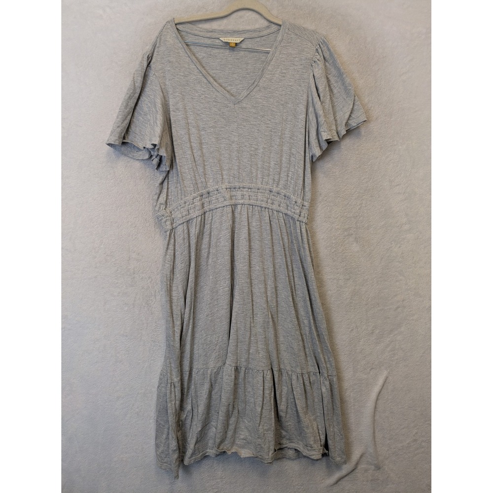 Downeast Midi Dress Women's XL Gray V-Neck Smocked Waist Flutter Sleeve Ruffle
